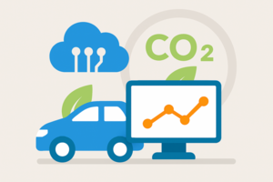 Illustration mit einem blauen Auto, einem Monitor mit Liniendiagramm, einer stilisierten blauen Cloud mit drei feinen Leitungen und einem großen, schemenhaften CO₂-Symbol mit Blatt im Hintergrund.