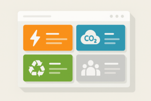 Illustration mit einer stilisierten Webseite mit vier farbigen Infokarten zu Themen wie Energie, CO₂-Ausstoß, Recycling und Menschen